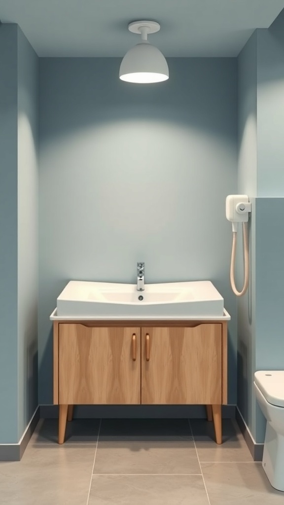Eco-friendly changing station with natural wood finish and soft blue walls