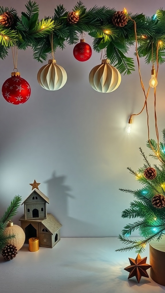 Eco-friendly Christmas decor featuring greenery, ornaments, and soft lighting.