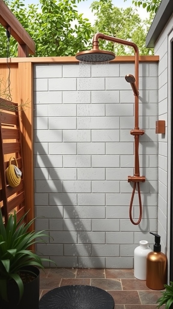 An outdoor shower featuring a stylish copper showerhead and sustainable design elements.