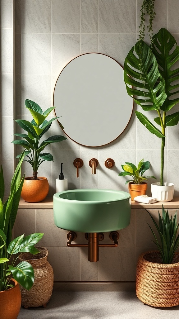 A green ceramic sink with an antique brass rim on a rustic wood vanity, surrounded by plants in earthy pots.