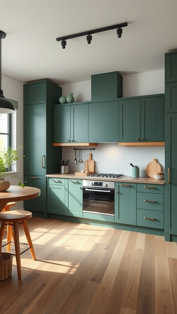 A modern green kitchen featuring eco-friendly finishes and sustainable materials.