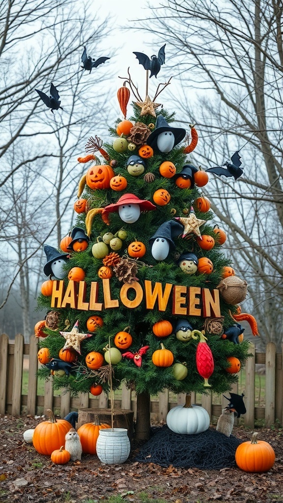 A colorful Halloween tree decorated with pumpkins, bats, and whimsical ornaments, set against a backdrop of bare trees.