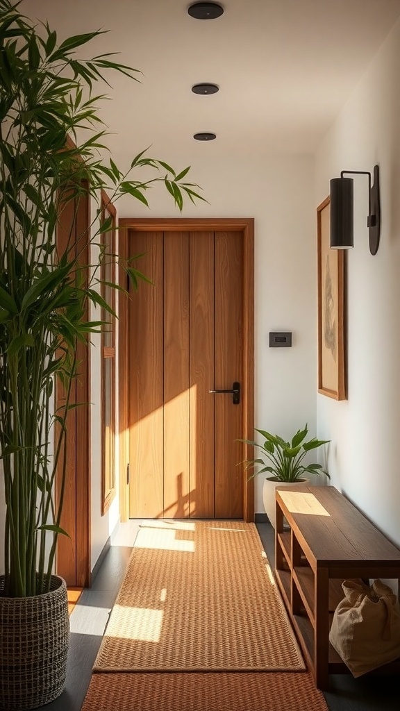 A stylish entryway featuring a wooden door, natural fiber rug, and plants.