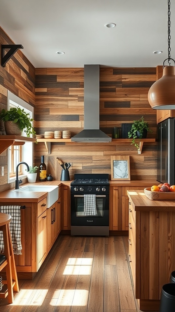 A modern kitchen featuring reclaimed wood cabinetry and walls, with a cozy and inviting atmosphere.