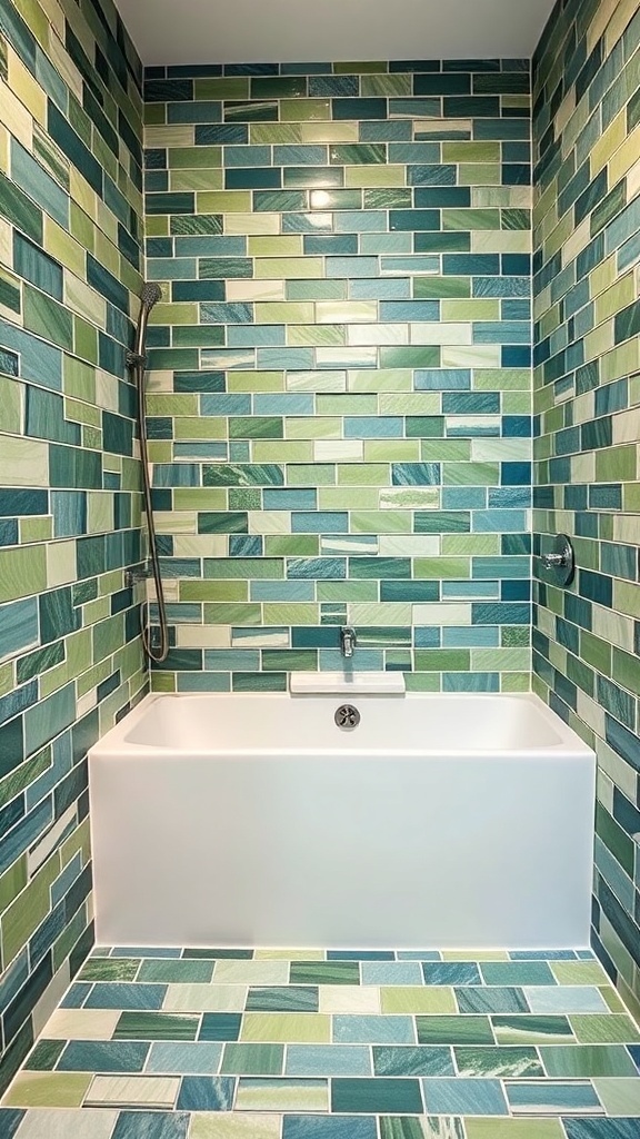 A walk-in shower with green and blue eco-friendly tiles, featuring a modern white bathtub.