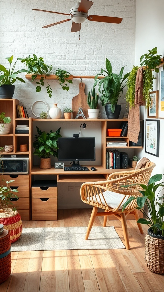 A cozy eco-friendly home office with plants, wooden furniture, and a computer setup.