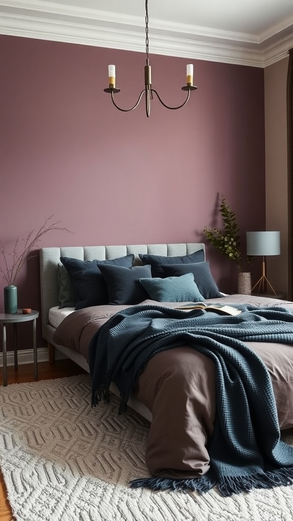 A cozy bedroom featuring a mauve accent wall, charcoal bedding, and stylish decor.