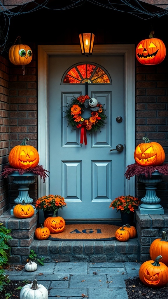 A Halloween-themed entryway with jack-o'-lanterns, a pumpkin wreath, and spider webs.