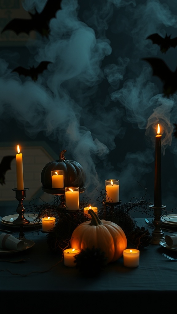 A Halloween table centerpiece with pumpkins, candles, and fog, featuring bats in the background.