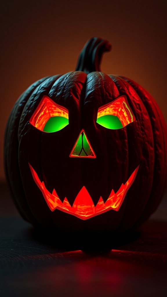 A carved pumpkin with glowing green eyes and red mouth, creating an eerie Halloween decoration.