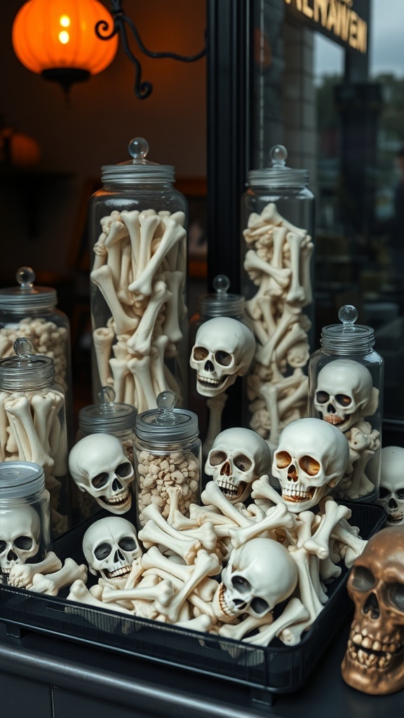 Display of plastic skulls and bones in jars and trays for Halloween decoration.