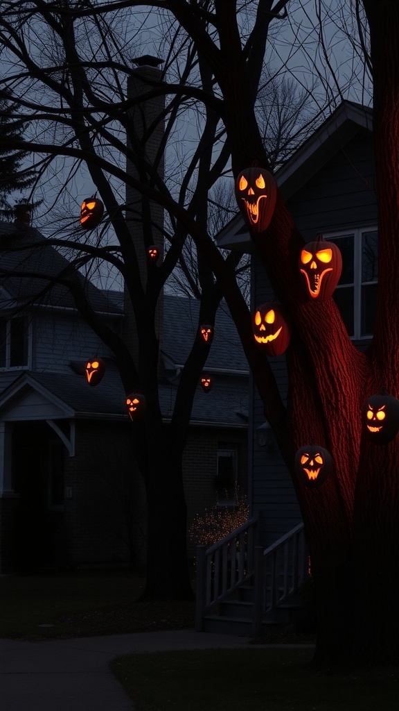 Trees decorated with glowing, carved pumpkin faces for Halloween