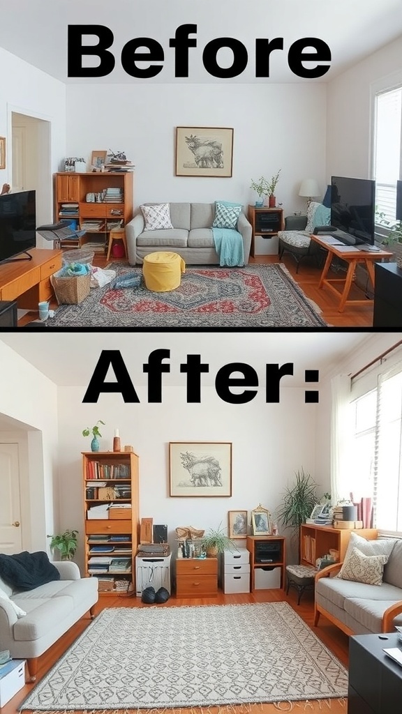 Before and after images of a living room showing decluttering and organization.