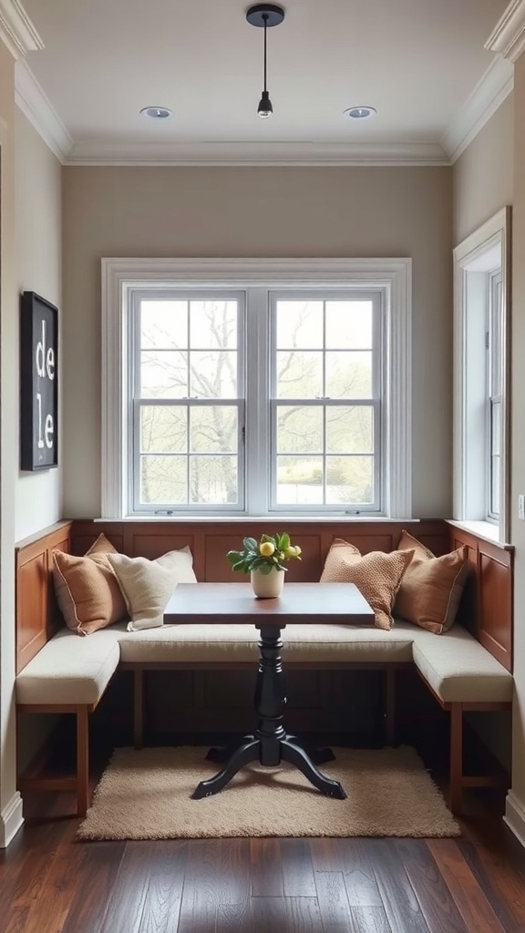 Cozy dining nook with built-in bench seating, warm wood finishes, and soft cushions.
