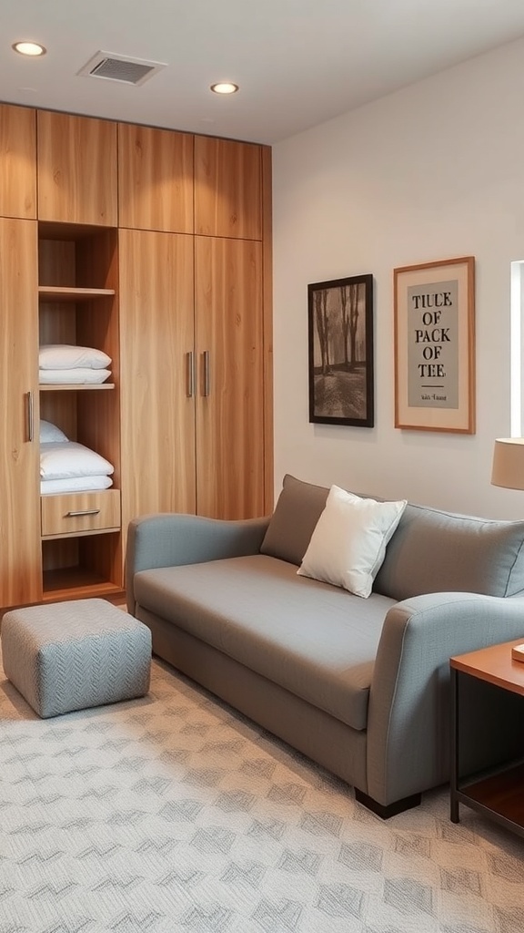 A modern guest room featuring a click-clack sofa bed, warm wood cabinetry, and a cozy atmosphere.