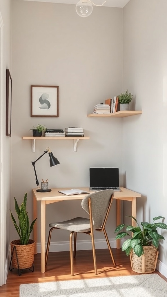 A compact home office nook with a wooden desk, a chair, and floating shelves, featuring plants and a laptop.