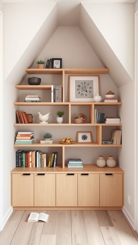 A triangular nook workspace featuring wooden shelves filled with books and decorative items, complemented by closed storage cabinets below.