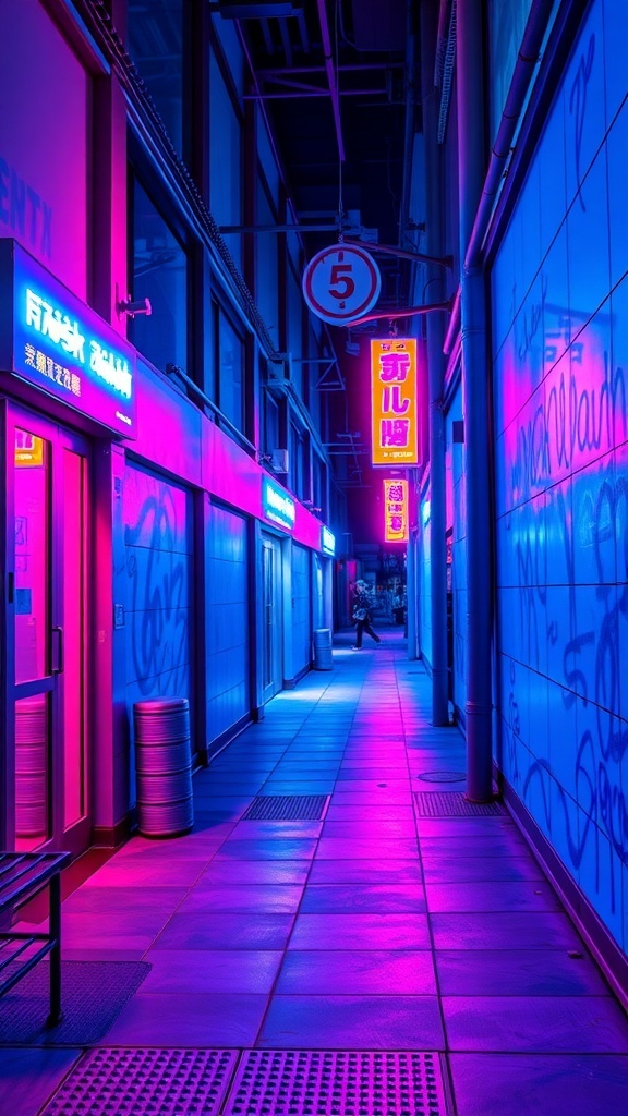 An alleyway illuminated with electric blue and neon pink lights, showcasing a vibrant urban scene.