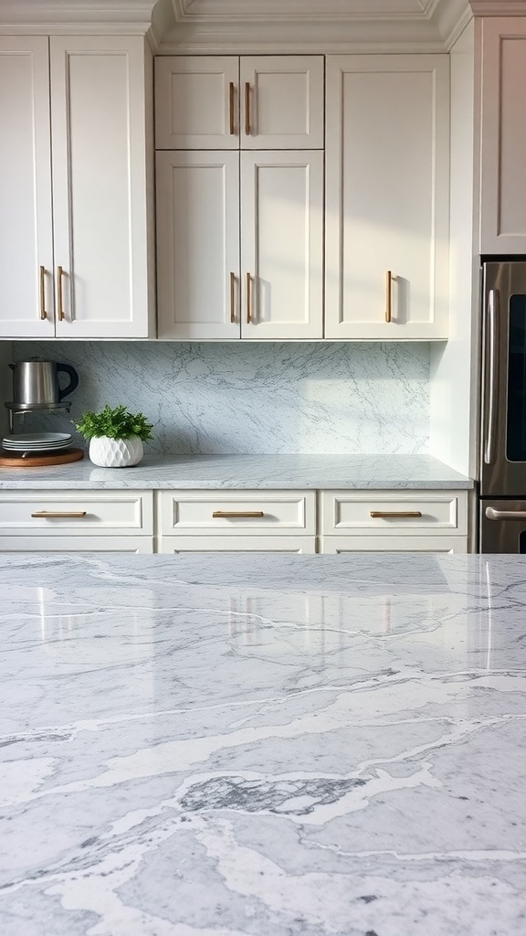 A kitchen featuring Azul Aran granite countertops with white cabinetry and brass hardware.