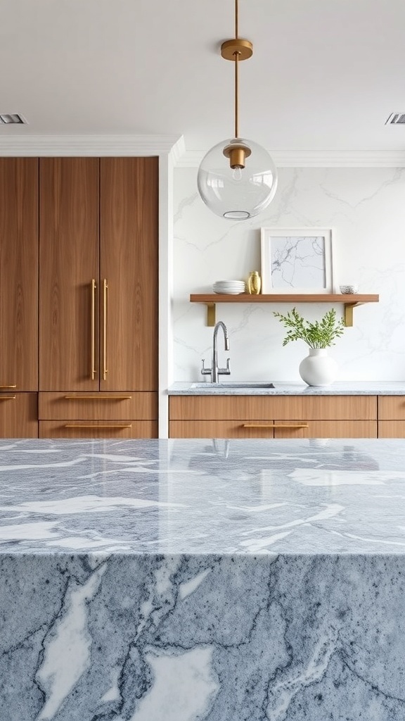 A kitchen featuring River Blue Granite countertops with wooden cabinetry and modern lighting.
