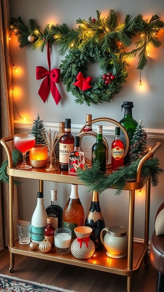 A beautifully styled bar cart for Christmas featuring drinks, greenery, and festive decorations.