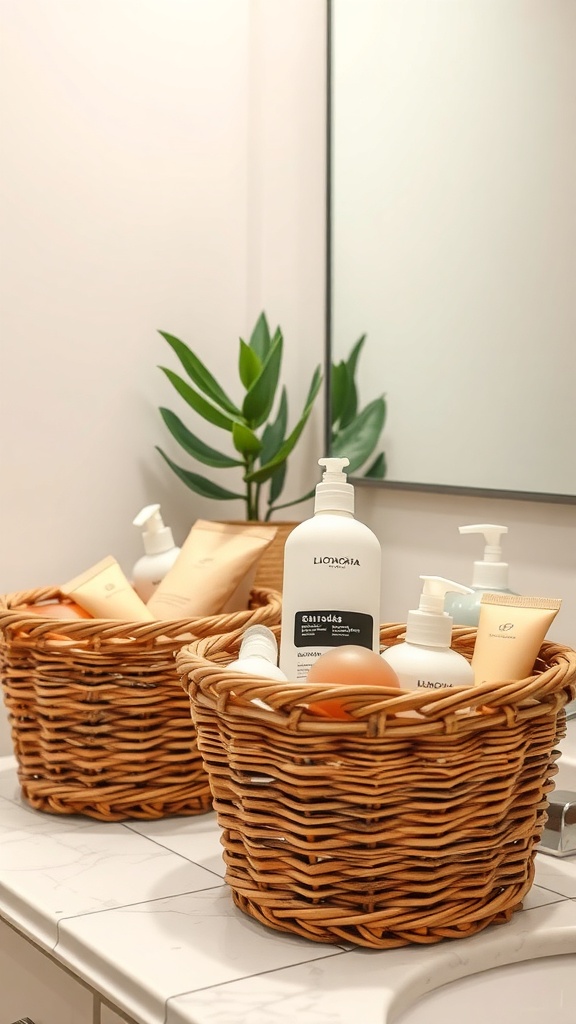 Two woven baskets filled with skincare products on a bathroom counter, alongside a plant and a mirror.