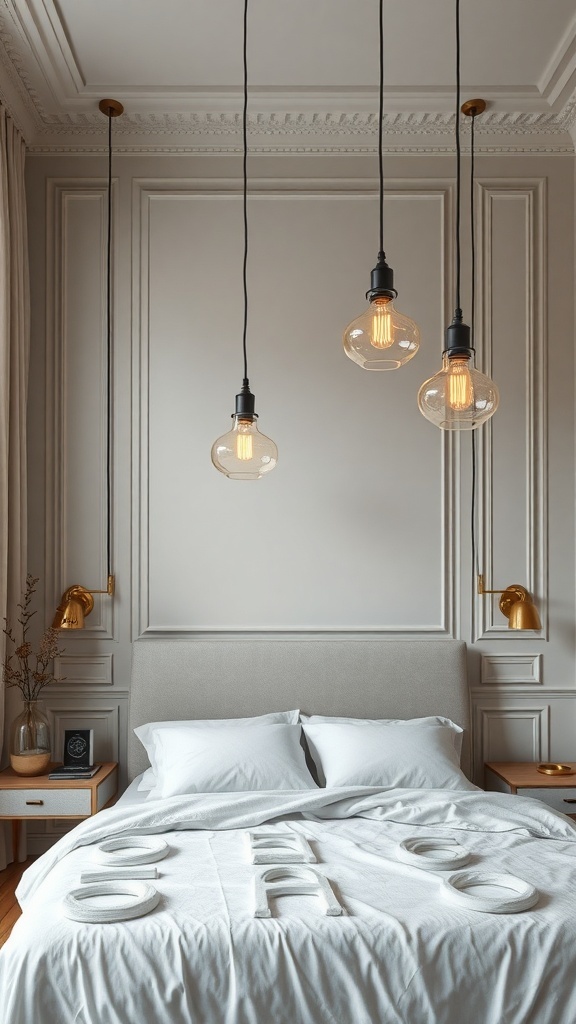 Modern pendant lighting above a cozy bed in a stylish bedroom