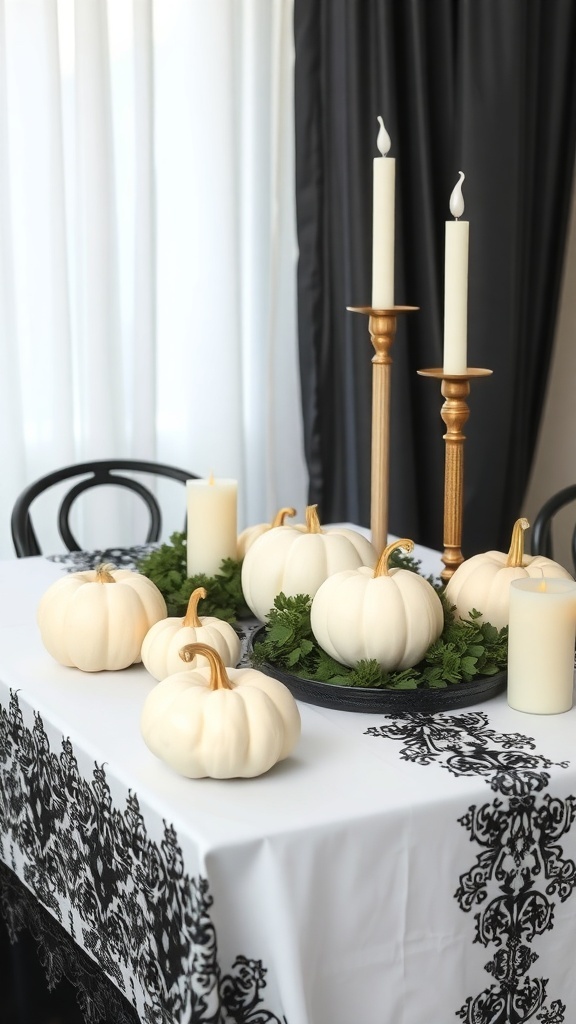Halloween centerpiece with white pumpkins, black lace tablecloth, and tall candles