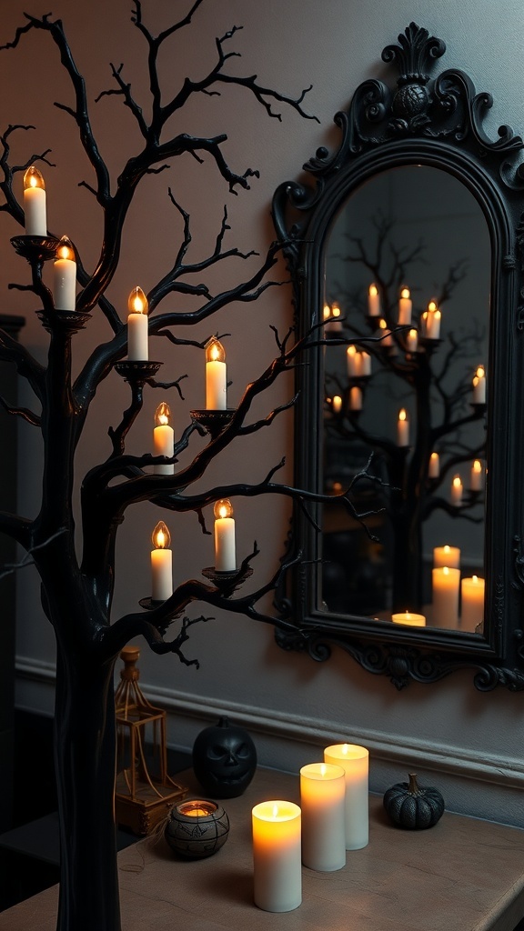 A black tree with candle lights and a mirror reflecting its branches, creating a gothic atmosphere.