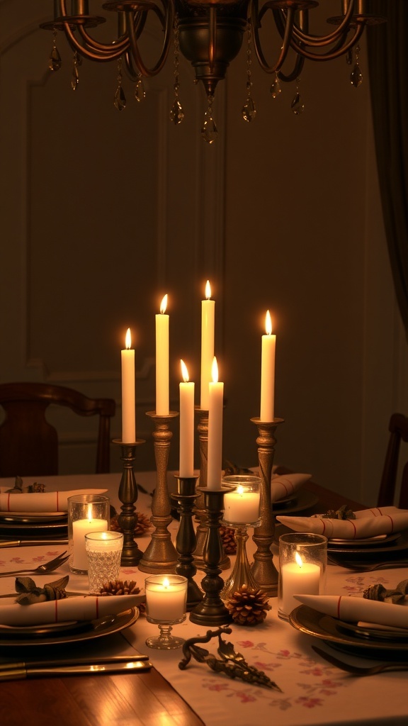 A beautifully set Thanksgiving table with elegant candle displays, featuring tall candles in holders and smaller votive candles, creating a warm glow.