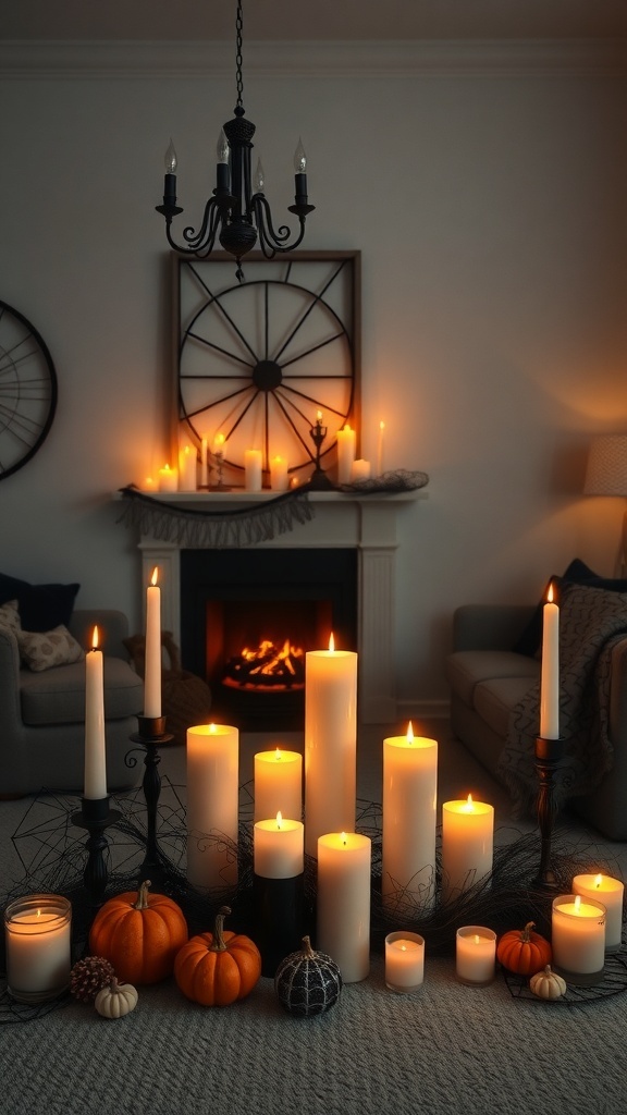 A cozy Halloween living room with elegant candle displays and decorative pumpkins.