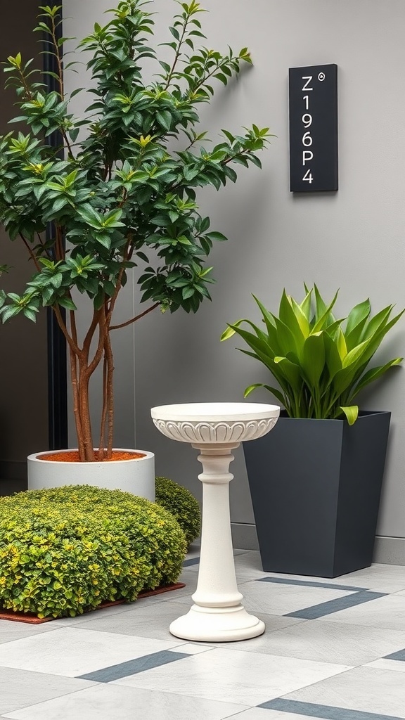 A ceramic bird bath surrounded by modern planters and greenery.