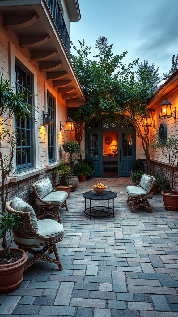 Cozy cobblestone patio with comfortable seating, lanterns, and greenery.