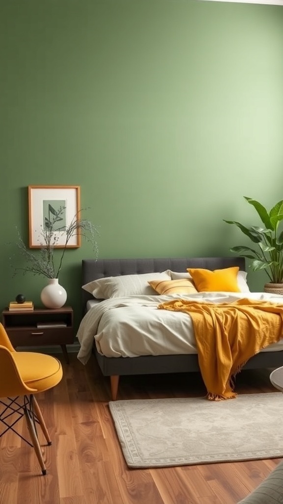 A mid-century modern bedroom featuring sage green walls, mustard yellow accents, and wooden furniture.