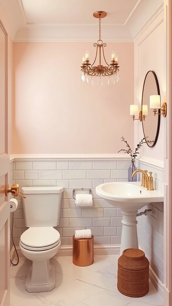 A stylish tiny bathroom featuring soft pink walls, white fixtures, and gold accents.