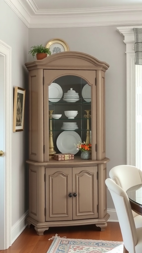 Elegant corner cabinet with glass doors displaying dinnerware and decorative items