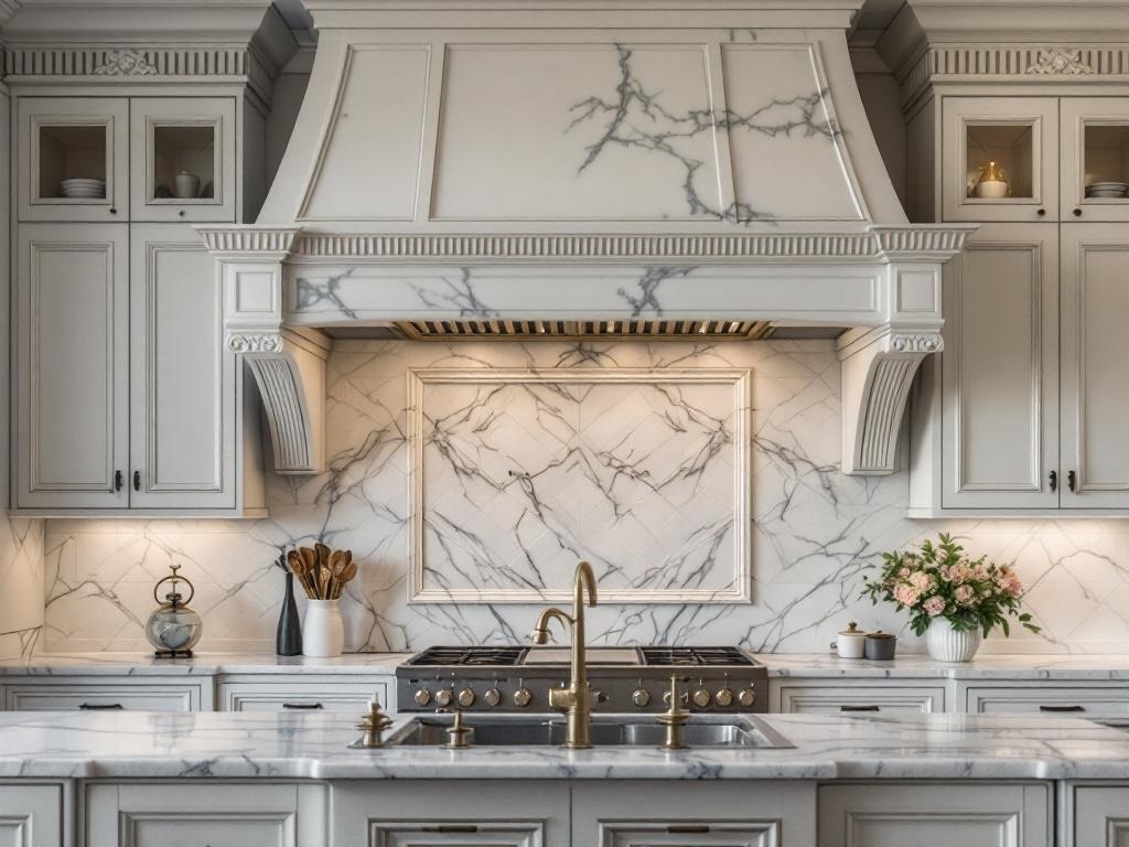 A kitchen featuring a stylish vent hood with elegant crown molding and marble accents.