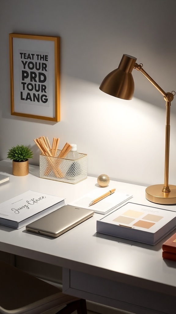 A stylish home office desk with a gold lamp, stationery, a small plant, and organized notebooks.