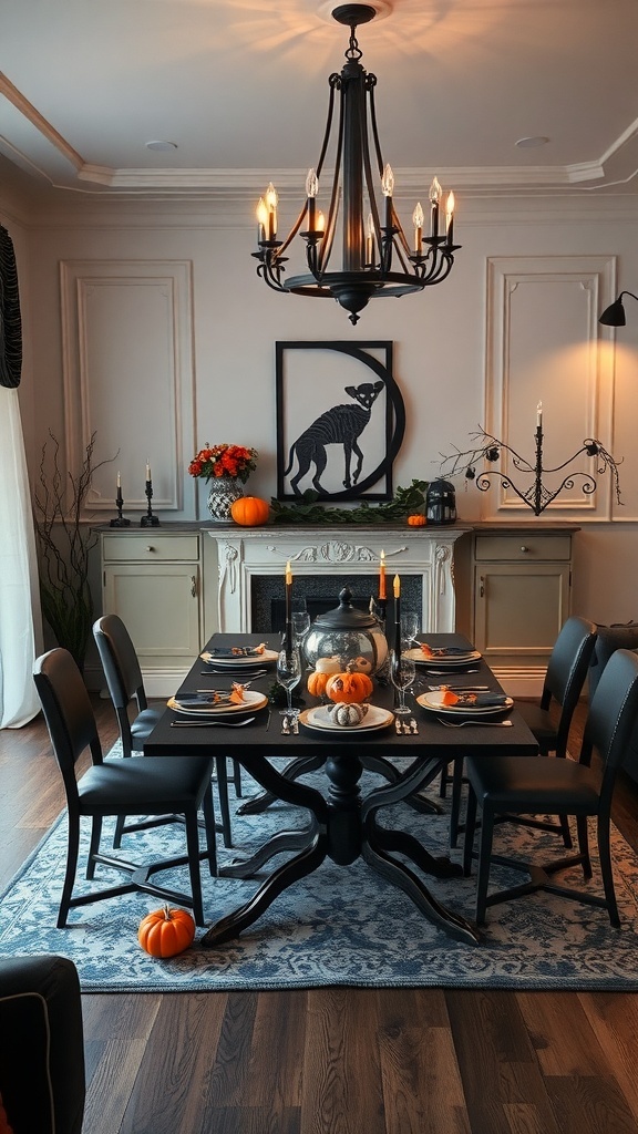 Elegant Halloween dining area with black chandelier, dark table, and small pumpkins.