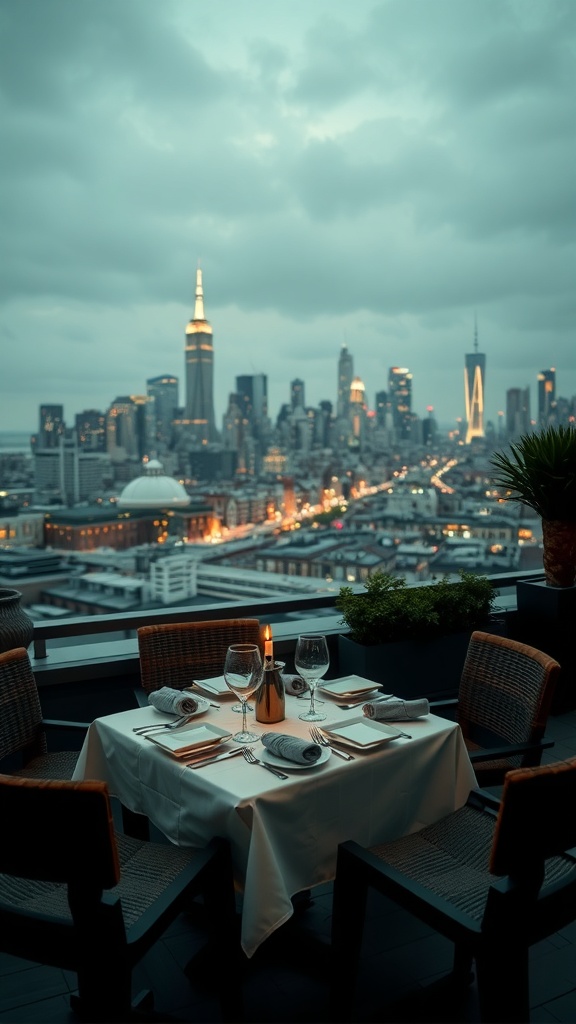 A rooftop dining area with a table set for dinner, overlooking a city skyline at dusk.