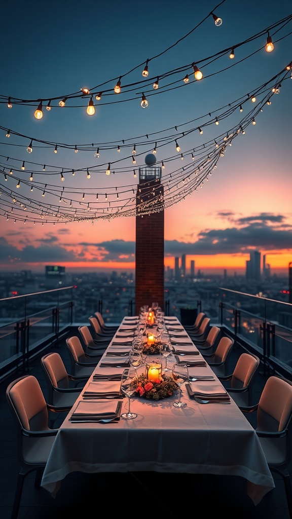 A rooftop dining space with a long table set for dinner, illuminated by string lights against a sunset backdrop.
