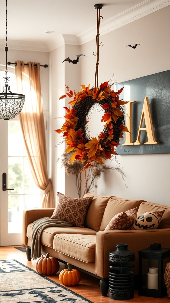 A cozy living room featuring a vibrant fall wreath made of autumn leaves, a warm-toned sofa, pumpkins, and decorative pillows.