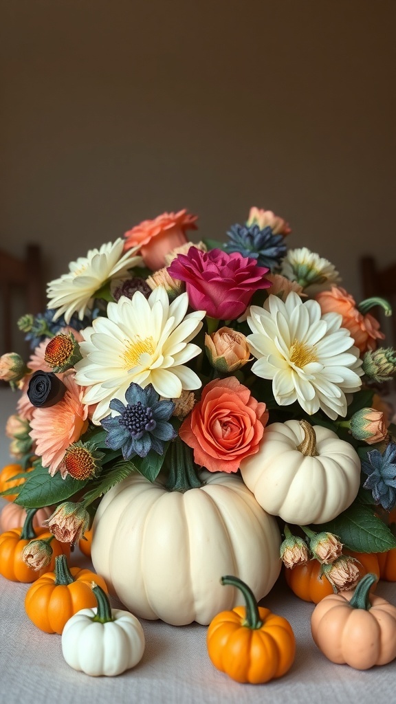 A centerpiece featuring a large white pumpkin with a floral arrangement on top, surrounded by smaller pumpkins.