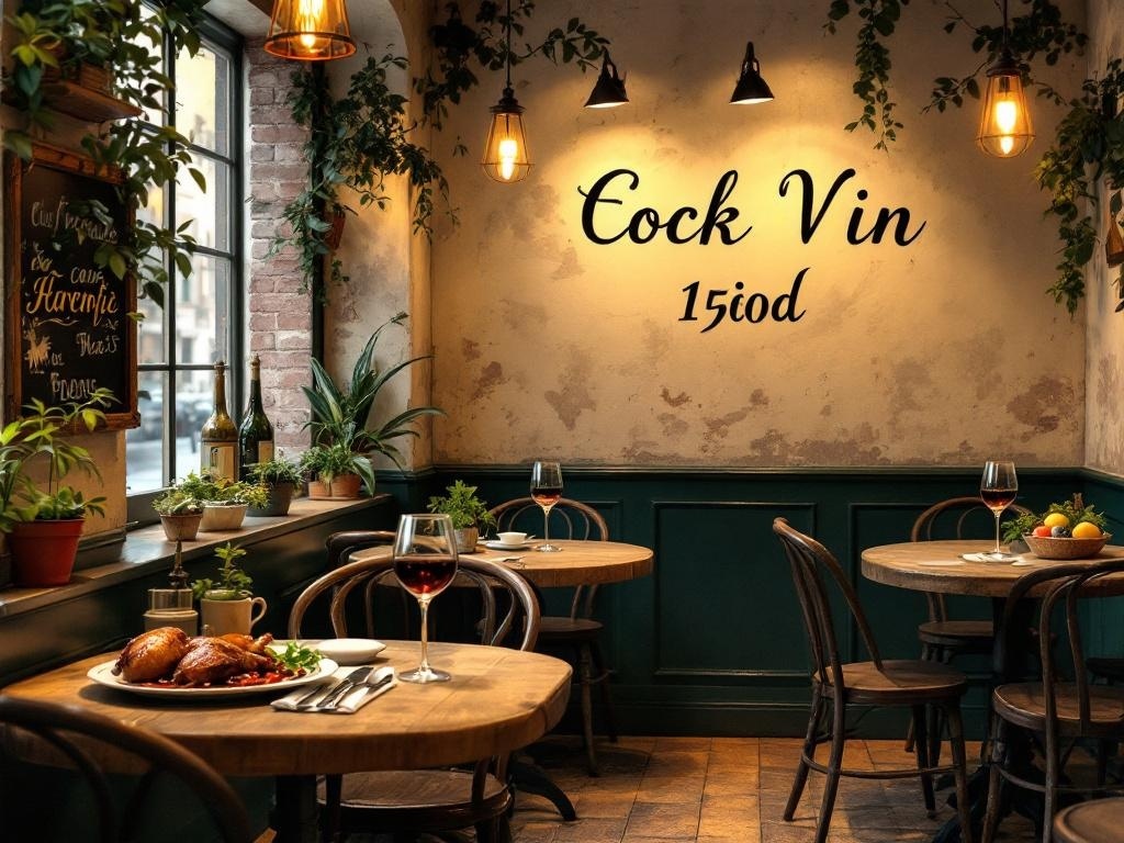 A cozy French bistro setting with wooden tables, plants, and wine glasses.