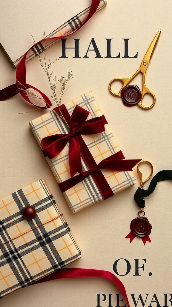 A beautifully arranged gift wrapping station featuring plaid wrapped gifts, rich red ribbons, gold scissors, and a wax seal.