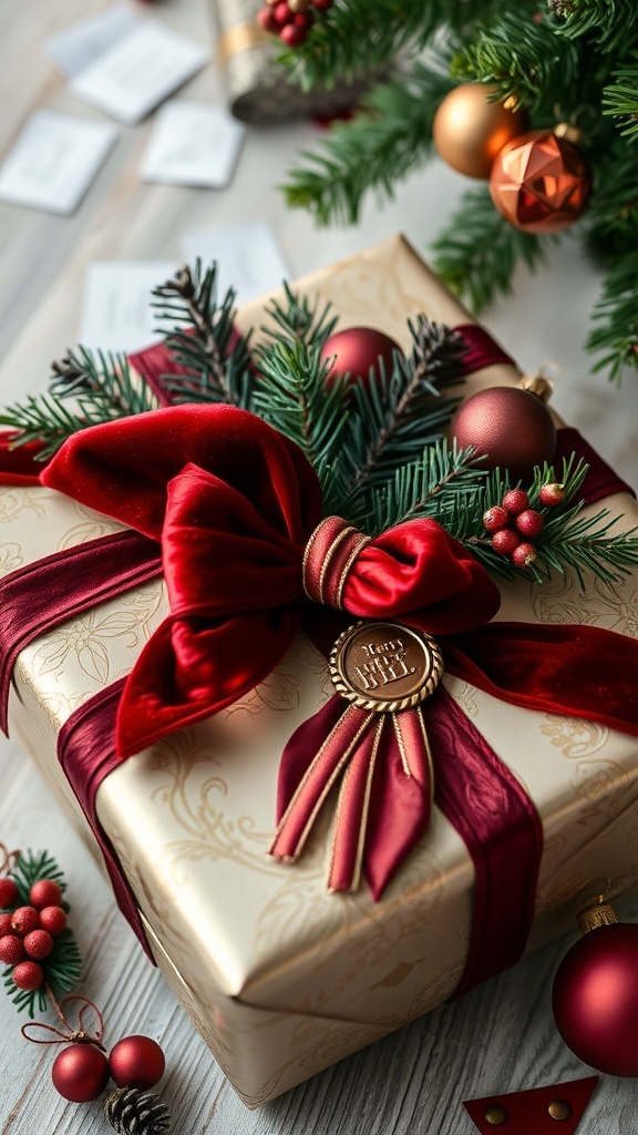 A beautifully wrapped Christmas gift with a red velvet ribbon, pine accents, and decorative berries, set against a festive backdrop.