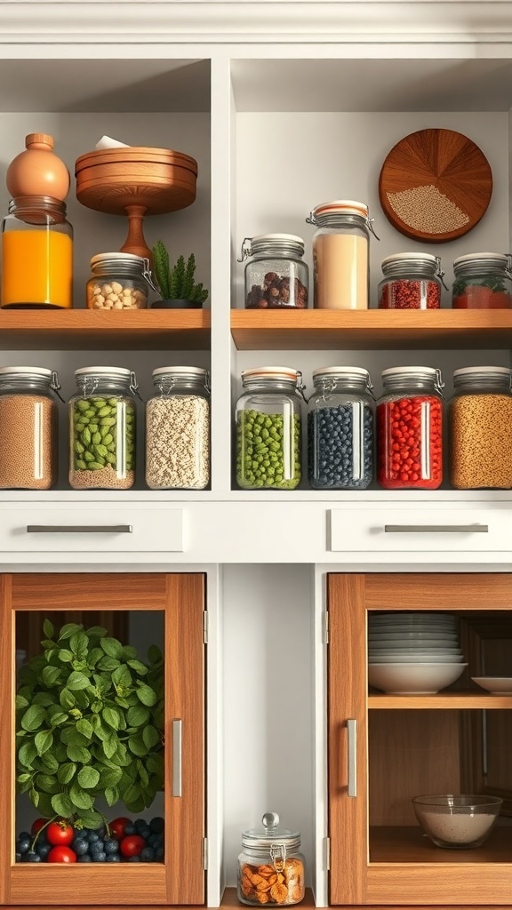 A kitchen shelf displaying various glass jars filled with colorful ingredients, complemented by wooden decor elements.