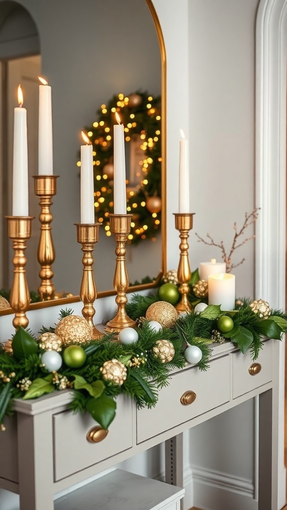 An elegant entryway table decorated with gold and white accents, featuring tall candle holders, a lush evergreen garland, and a festive wreath.