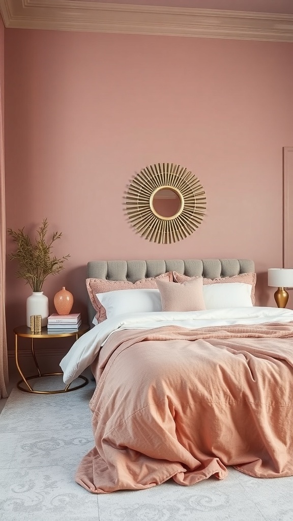 A cozy bedroom featuring gray-pink walls, stylish bedding, and elegant decor.
