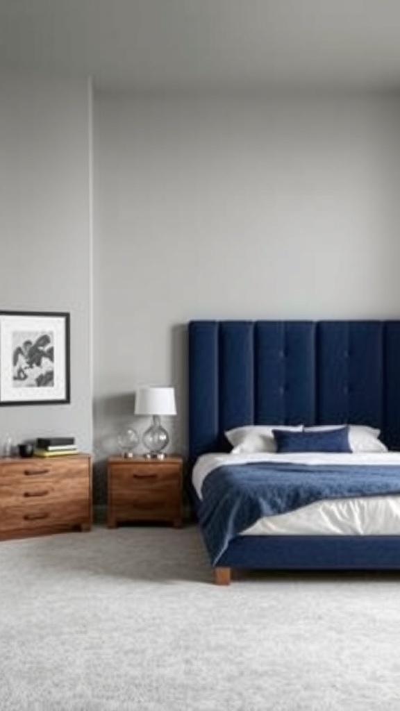 A modern boys room featuring gray walls and navy bedding.